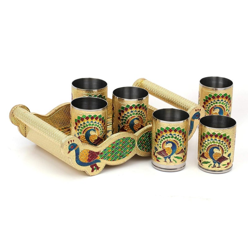 Dhavl Stainless Steel Handmade Meenakari Peacock Design Golden Glass with Tray Decorative Glass and Tray Set of 6 Pcs Glass with Tray for Home and Kichen Set of 6 Glass with Wooden Tray - Image 3