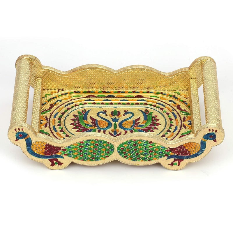 Dhavl Stainless Steel Handmade Meenakari Peacock Design Golden Glass with Tray Decorative Glass and Tray Set of 6 Pcs Glass with Tray for Home and Kichen Set of 6 Glass with Wooden Tray - Image 4