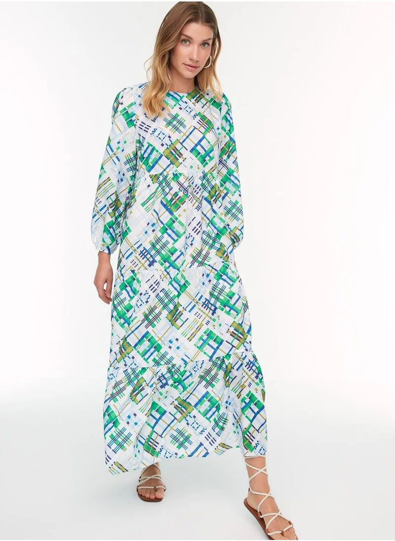 trendyol Geometric Print Ruffle Hem Tiered Dress