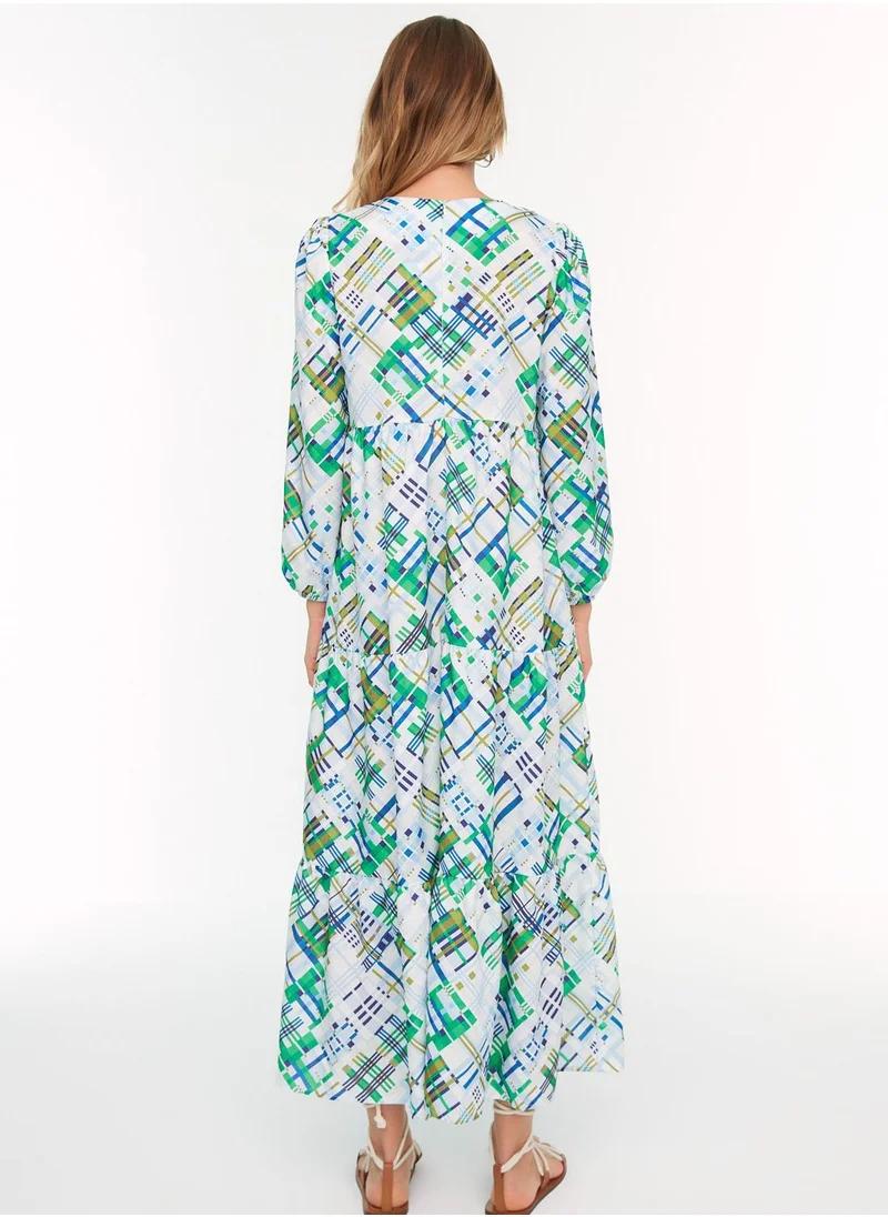 trendyol Geometric Print Ruffle Hem Tiered Dress