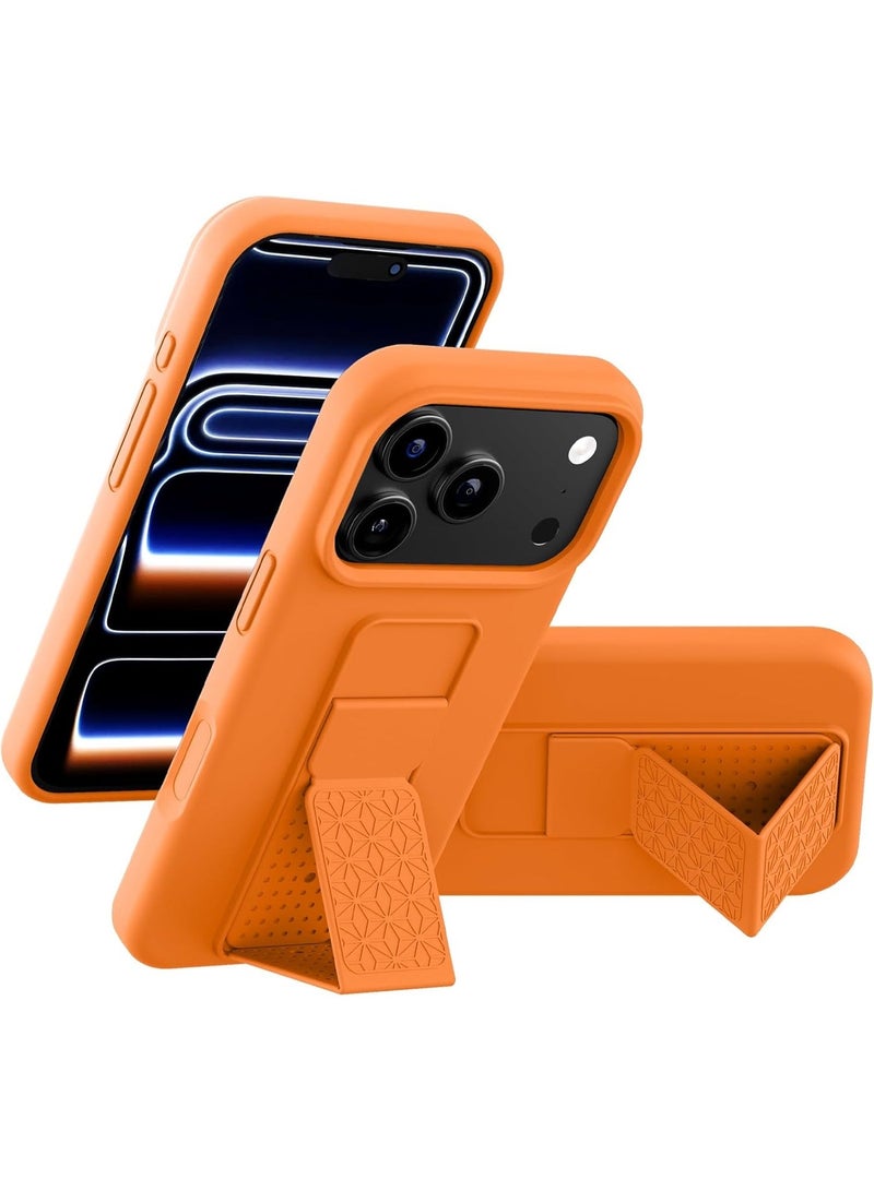 جراب سيليكون مزود بمسند لهاتف iPhone 17 Pro، متوافق مع iPhone 17 Pro، حامل رأسي وأفقي مع حزام يد وغطاء معدني، جراب سيليكون سائل مرن وناعم مزود بمسند لهاتف iPhone 17 Pro - Image 1