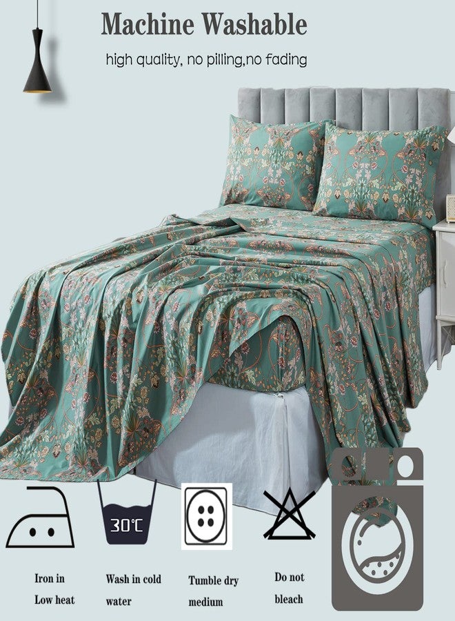 فادفاي طقم ملاءات سرير FADFAY كاليفورنيا كينج، ملاءات سرير عتيقة بنقشة زهور أنيقة، قطن بيركال، لون أزرق مخضر وبرتقالي، طقم سرير ريفي أمريكي فاخر، ناعم، يسمح بمرور الهواء، ملاءة مثبتة بجيب عميق، 4 قطع، كاليفورنيا كينج - Image 4