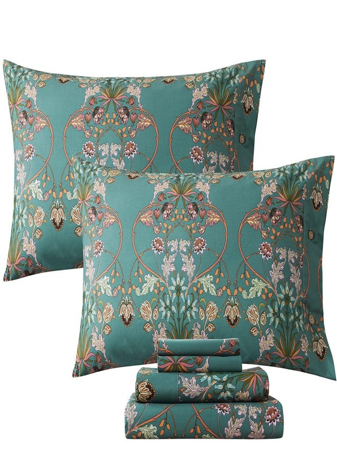 فادفاي طقم ملاءات سرير FADFAY كاليفورنيا كينج، ملاءات سرير عتيقة بنقشة زهور أنيقة، قطن بيركال، لون أزرق مخضر وبرتقالي، طقم سرير ريفي أمريكي فاخر، ناعم، يسمح بمرور الهواء، ملاءة مثبتة بجيب عميق، 4 قطع، كاليفورنيا كينج - Image 1