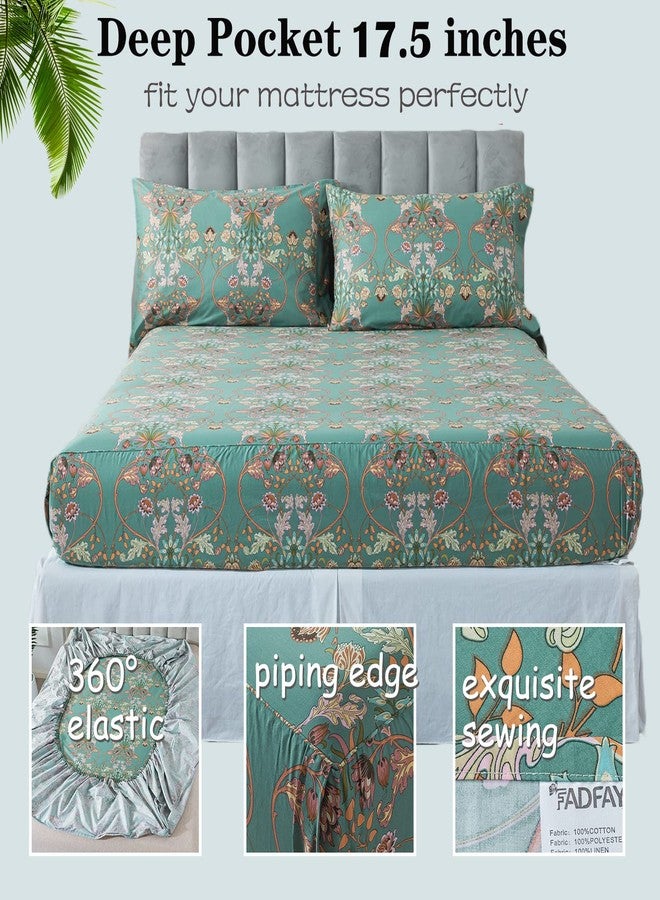 فادفاي طقم ملاءات سرير FADFAY كاليفورنيا كينج، ملاءات سرير عتيقة بنقشة زهور أنيقة، قطن بيركال، لون أزرق مخضر وبرتقالي، طقم سرير ريفي أمريكي فاخر، ناعم، يسمح بمرور الهواء، ملاءة مثبتة بجيب عميق، 4 قطع، كاليفورنيا كينج - Image 3