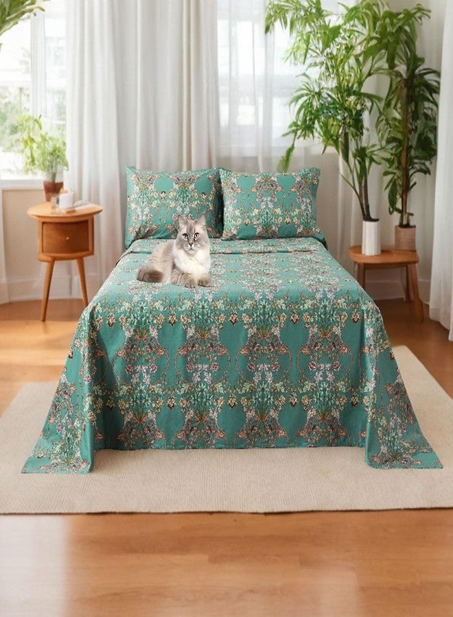 فادفاي طقم ملاءات سرير FADFAY كاليفورنيا كينج، ملاءات سرير عتيقة بنقشة زهور أنيقة، قطن بيركال، لون أزرق مخضر وبرتقالي، طقم سرير ريفي أمريكي فاخر، ناعم، يسمح بمرور الهواء، ملاءة مثبتة بجيب عميق، 4 قطع، كاليفورنيا كينج - Image 5