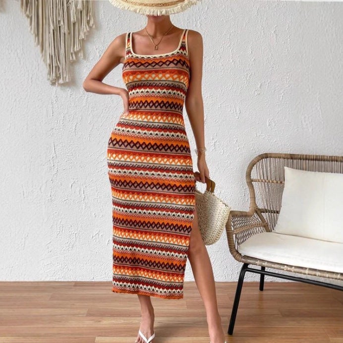 فستان بطبعة خطوط وفتحة سفلية بدون أكمام لعطلة الشاطئ - Image 3