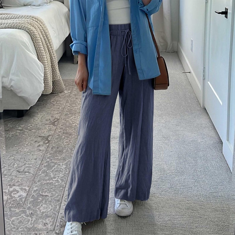 Duyang Womens Cotton Linen Palazzo Pants Drawstring Elastic Waist Casual Wide Leg Trousers with Pockets(Blue,L) - Image 3