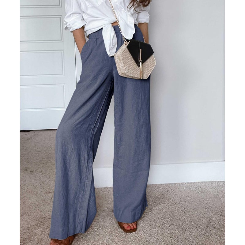 Duyang Womens Cotton Linen Palazzo Pants Drawstring Elastic Waist Casual Wide Leg Trousers with Pockets(Blue,L) - Image 2