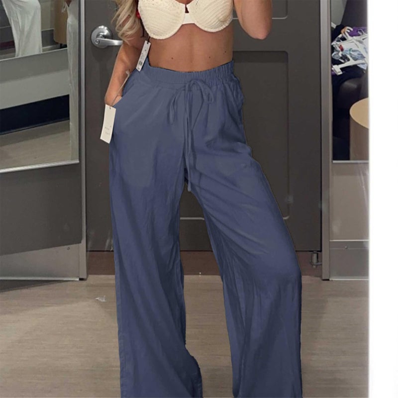 Duyang Womens Cotton Linen Palazzo Pants Drawstring Elastic Waist Casual Wide Leg Trousers with Pockets(Blue,L) - Image 4