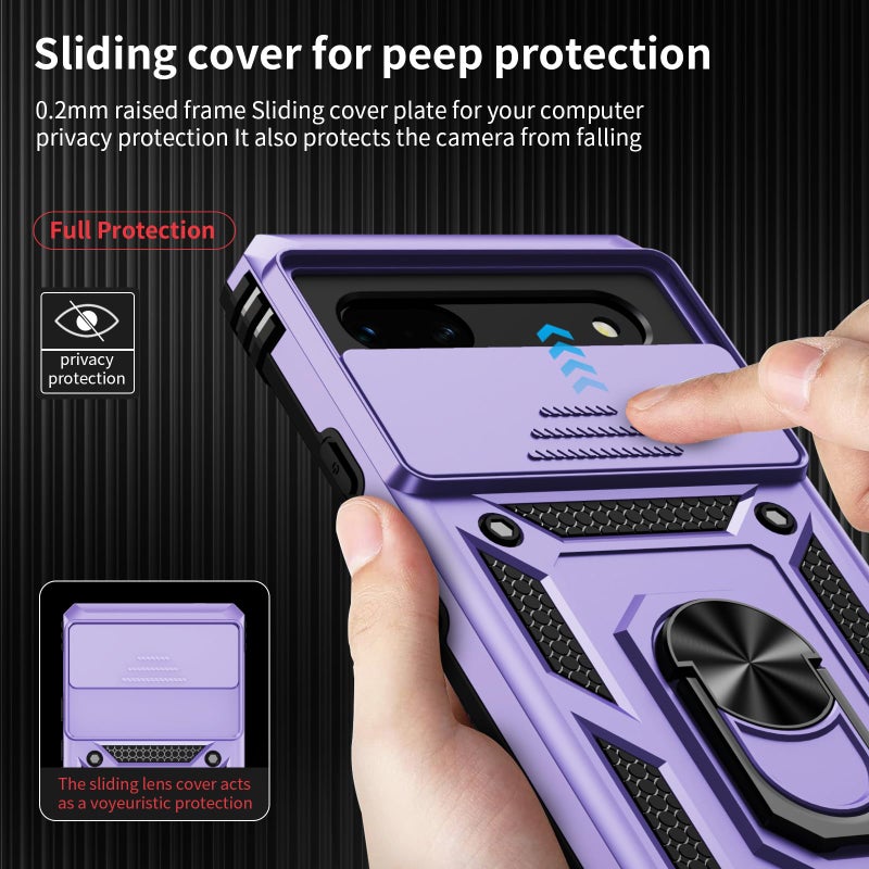 Weycolor for Google Pixel 6A Case with Camera Lens Cover HD Screen Protector, 10 FT Military Grade Drop Protection, Magnetic Ring Holder Kickstand Protective Phone Case,Lavender - Image 3