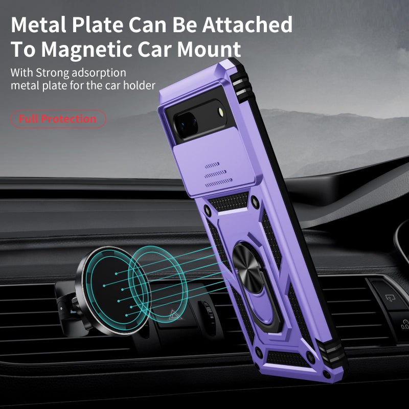 Weycolor for Google Pixel 6A Case with Camera Lens Cover HD Screen Protector, 10 FT Military Grade Drop Protection, Magnetic Ring Holder Kickstand Protective Phone Case,Lavender - Image 2