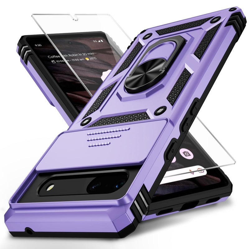 Weycolor for Google Pixel 6A Case with Camera Lens Cover HD Screen Protector, 10 FT Military Grade Drop Protection, Magnetic Ring Holder Kickstand Protective Phone Case,Lavender - Image 1
