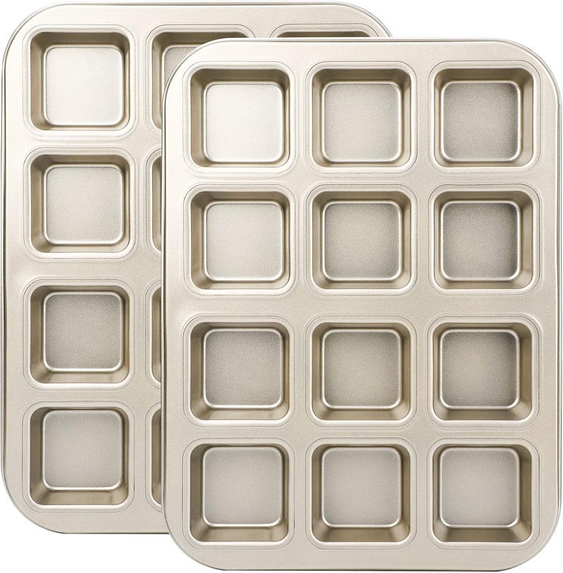 Beasea Brownie Pan 2 Pack, Mini Square Muffin Pan Nonstick 12 Cavity Cupcake Pan, Individual Brownie Mold Carbon Steel Brownie Baking Tray Bakeware for Oven Baking - Image 1