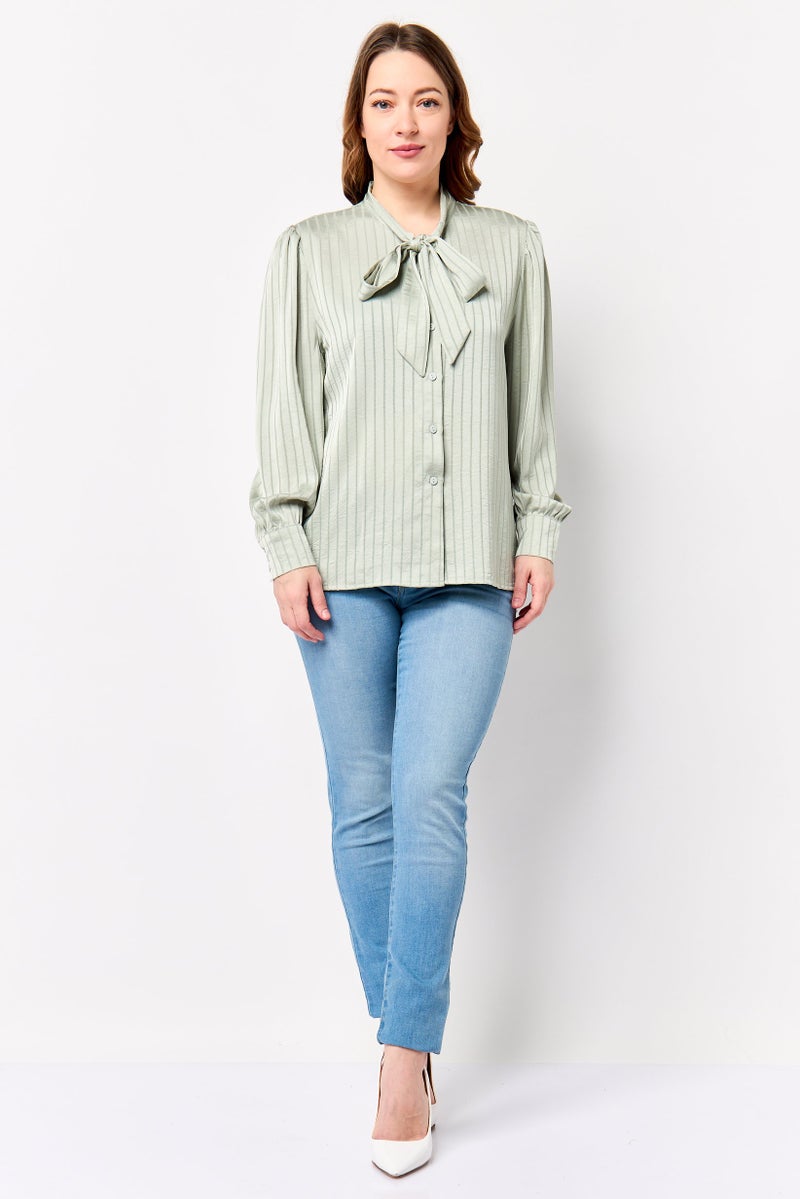 bebe Women Tie Neckline Long Sleeve Stripe Shirt, Light Olive - Image 3