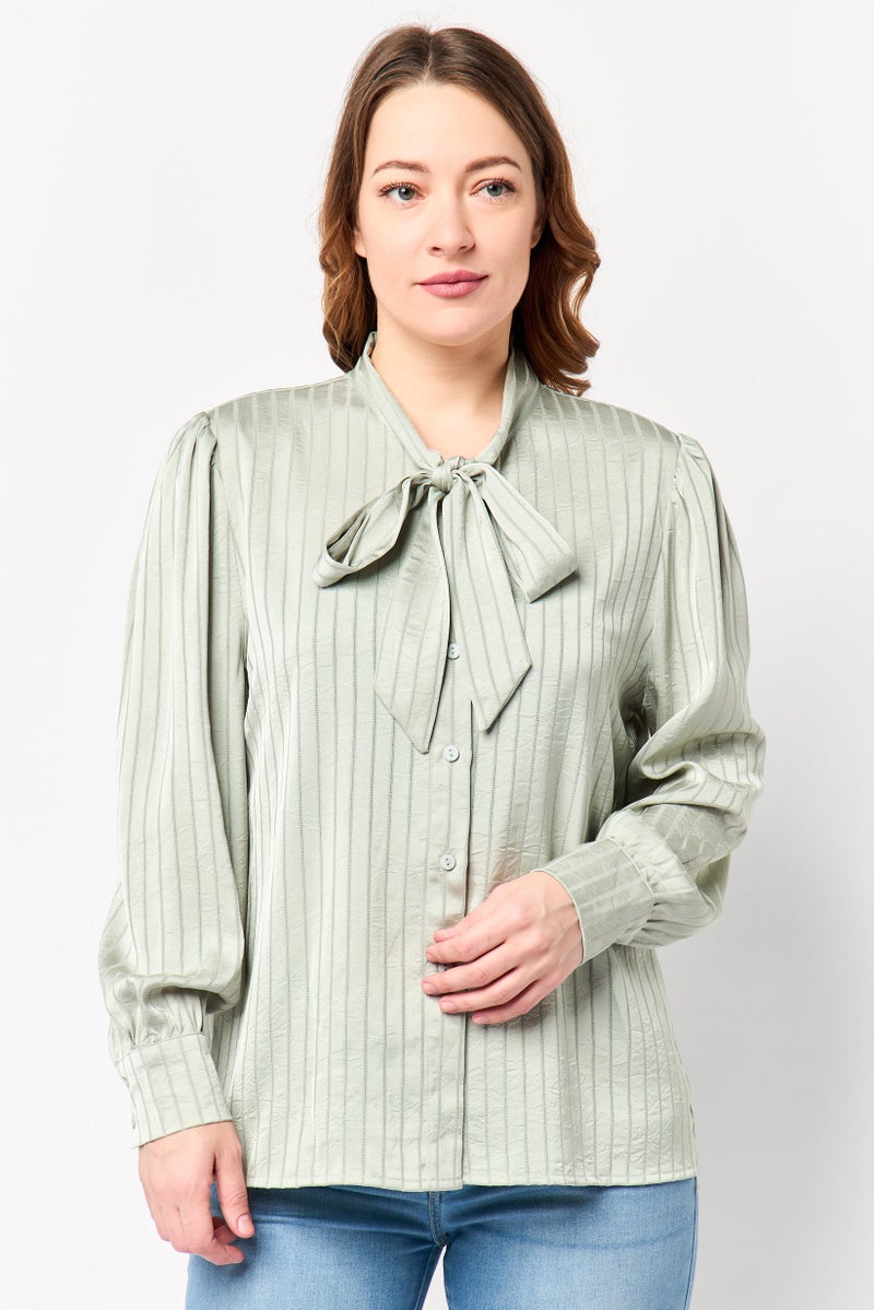 bebe Women Tie Neckline Long Sleeve Stripe Shirt, Light Olive - Image 1