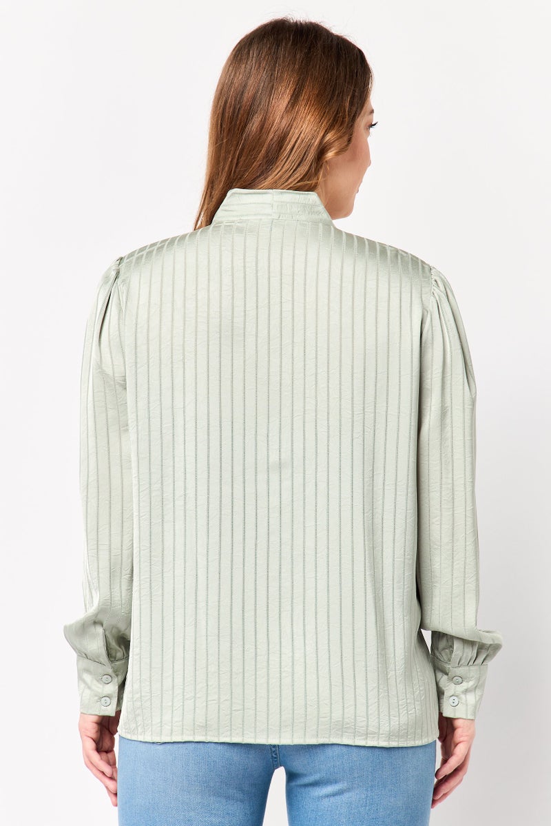 bebe Women Tie Neckline Long Sleeve Stripe Shirt, Light Olive - Image 4