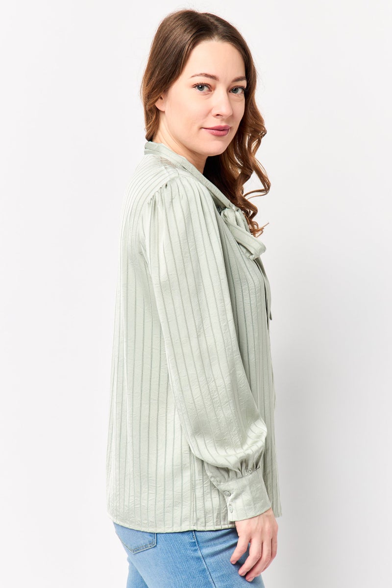 bebe Women Tie Neckline Long Sleeve Stripe Shirt, Light Olive - Image 2