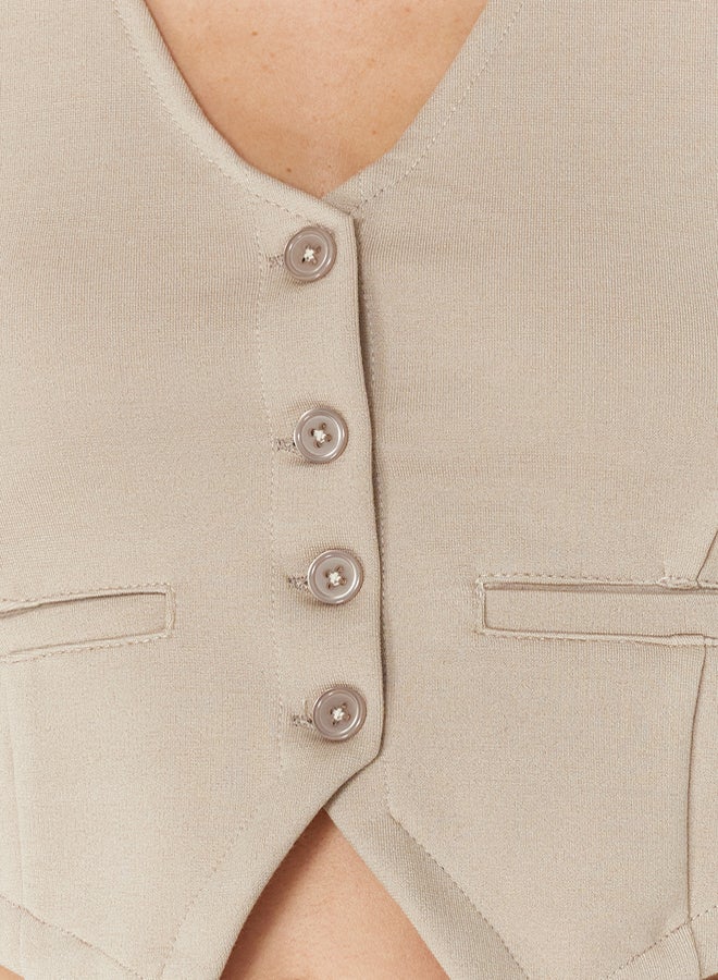 trendyol Mink Button Detailed V-Neck Crop Regular/Normal Cut Flexible Knitted Vest - Image 5
