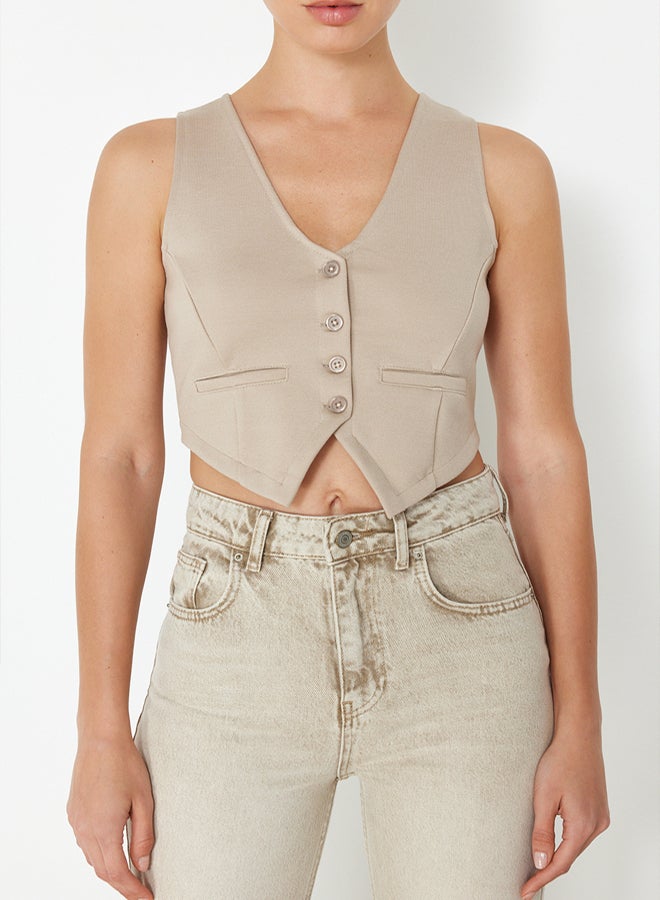 trendyol Mink Button Detailed V-Neck Crop Regular/Normal Cut Flexible Knitted Vest - Image 4