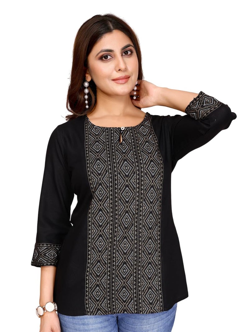 rangita Black Rayon A-Line Printed Short Length Kurti | Kurta for Women_2XL - Image 1