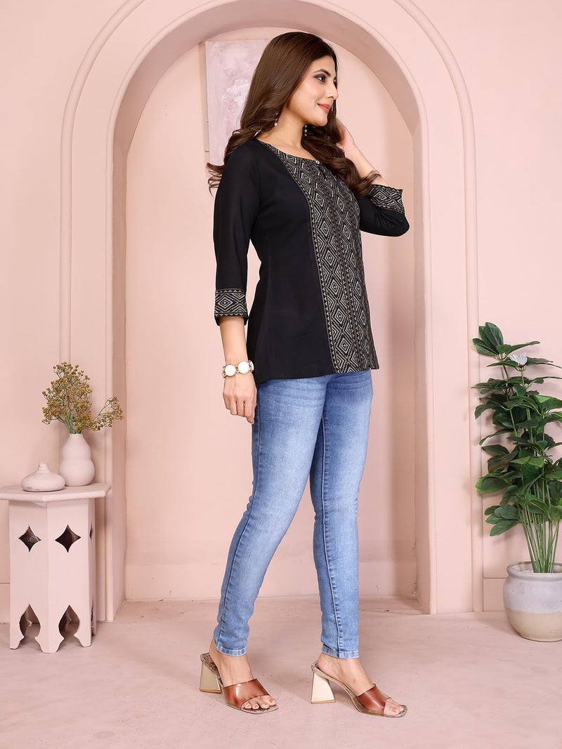 rangita Black Rayon A-Line Printed Short Length Kurti | Kurta for Women_2XL - Image 3