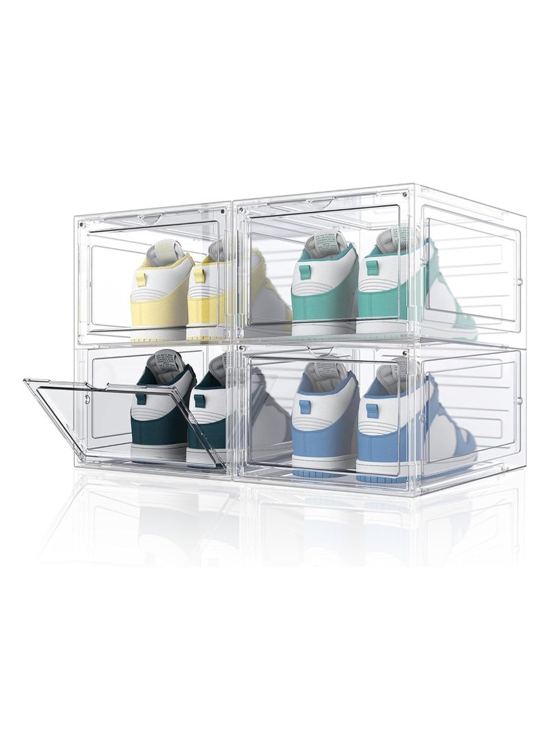 Vparty Pack of 4 Thick & Sturdy Shoe Organizers with Magnetic Door, Stackable Clear Acrylic Shoe Storage Boxes, Drop-Front Shoe Boxes for Easy Access and Display, Durable Shoe Holders for Closet, Entryway, or Bedroom Organization.  - Image 1