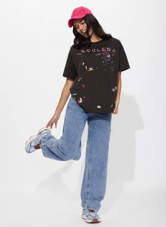 The Souled Store Brown Graphic Print Oversized T-Shirt