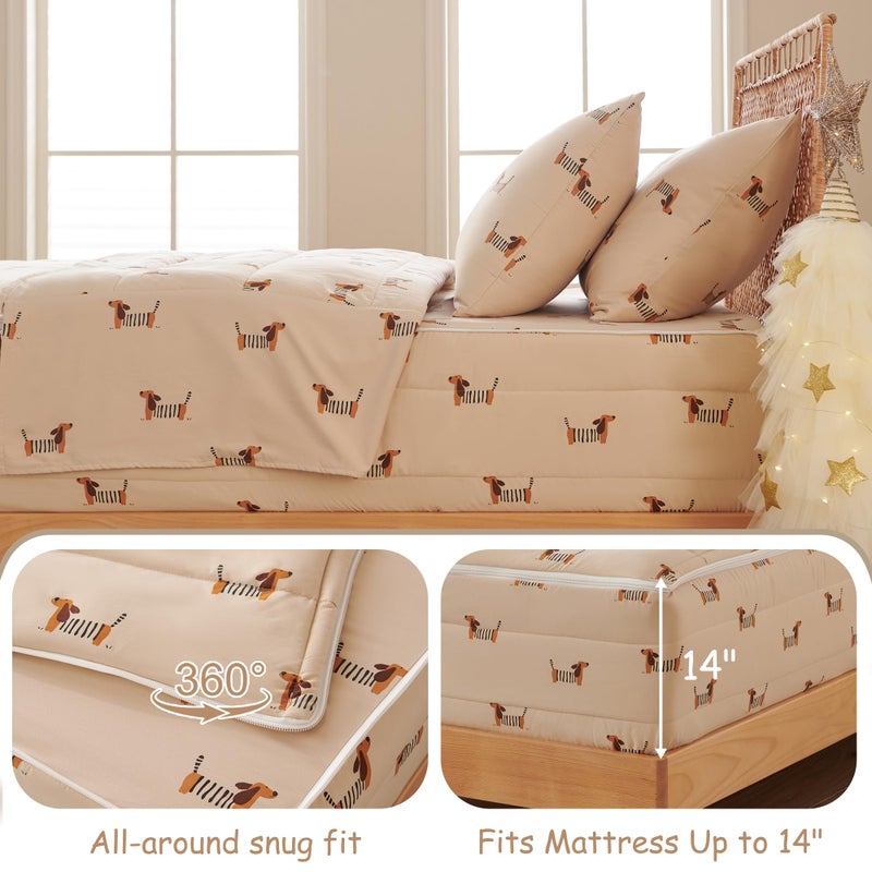Nayoroom Dachshund Dreams Twin Zipper Bedding Set for Kids, Beige & Brown Wiener Dog Comforter with All-in-One Closure, Cozy Pet Theme Bedding for Animal Lovers. (Twin Size) - Image 3