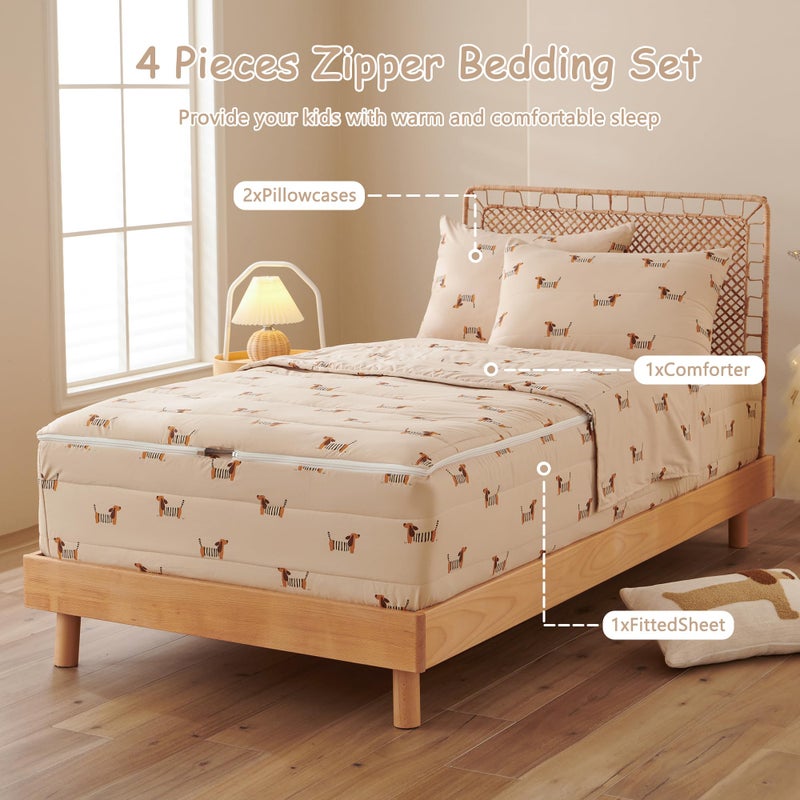 Nayoroom Dachshund Dreams Twin Zipper Bedding Set for Kids, Beige & Brown Wiener Dog Comforter with All-in-One Closure, Cozy Pet Theme Bedding for Animal Lovers. (Twin Size) - Image 4