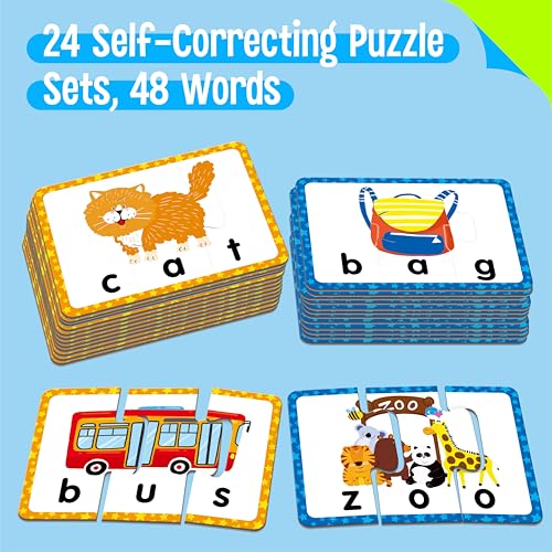 SpriteGru 24 Set 3Letter Word Puzzle Cards 72 PCS Self Correcting Word Spelling Puzzles Double Sided Puzzle Cards for Kindergarten Preschool Learning - Image 5