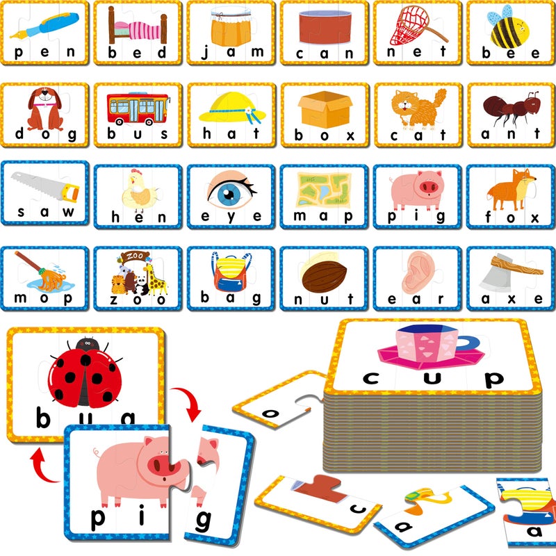 SpriteGru 24 Set 3Letter Word Puzzle Cards 72 PCS Self Correcting Word Spelling Puzzles Double Sided Puzzle Cards for Kindergarten Preschool Learning - Image 3