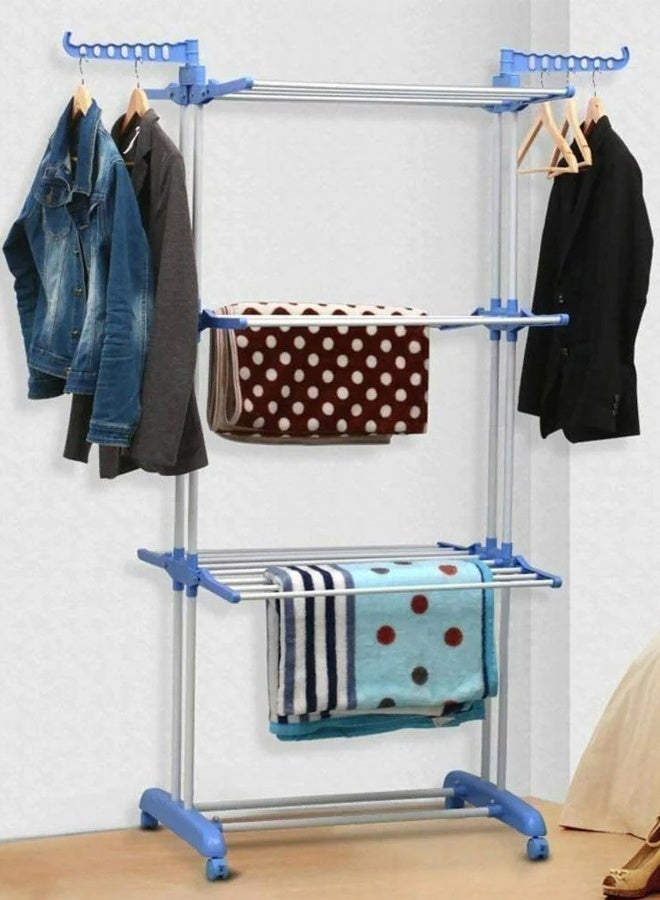 CATANES Foldable Clothes Airer with Lockable Wheels Large Capacity Stainless Steel Folding Wings on 3 Drying Levels for Indoor and Outdoor Use / Blue Color - Image 2