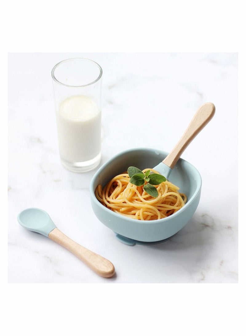 Y&D Silicone Suction Bowls for Baby, Baby Led Weaning Spoon and Fork, Dishes Utensils Set Boy & Girl, Tableware Set, Toddler Eating Supplies, Infant Dinnerware (Dusty Blue) - Image 2