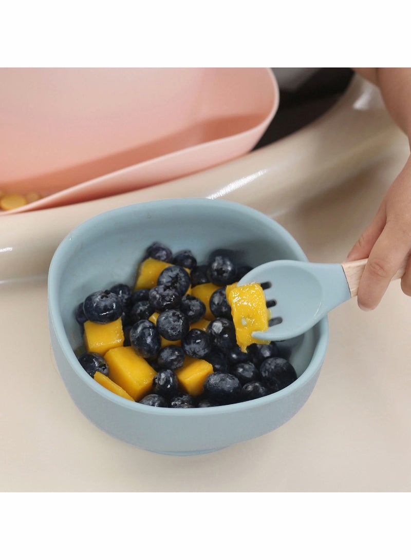 Y&D Silicone Suction Bowls for Baby, Baby Led Weaning Spoon and Fork, Dishes Utensils Set Boy & Girl, Tableware Set, Toddler Eating Supplies, Infant Dinnerware (Dusty Blue) - Image 4