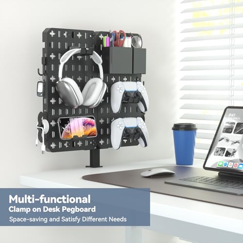 KDD 7 in 1 Clampon Desk Pegboard No Drill Desk Side Storage with Phone StandPen HolderStorage BoxHeadset Controller HolderHooks Detachable Gaming Pegboard for Office Home Desktop Organizer - Image 3