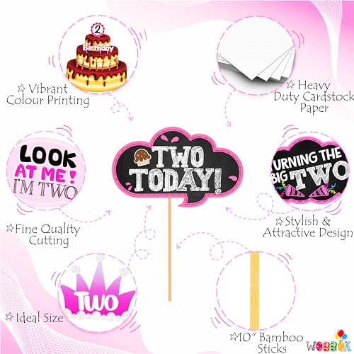 WOBBOX Second Birthday Photo Booth Party Props Pink for Baby Girl, 10 Pink Cartoon Art Paper Props, Perfect for Kids Birthday Party Decoration - Image 3