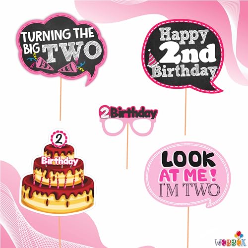 WOBBOX Second Birthday Photo Booth Party Props Pink for Baby Girl, 10 Pink Cartoon Art Paper Props, Perfect for Kids Birthday Party Decoration - Image 4