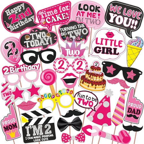 WOBBOX Second Birthday Photo Booth Party Props Pink for Baby Girl, 10 Pink Cartoon Art Paper Props, Perfect for Kids Birthday Party Decoration - Image 5