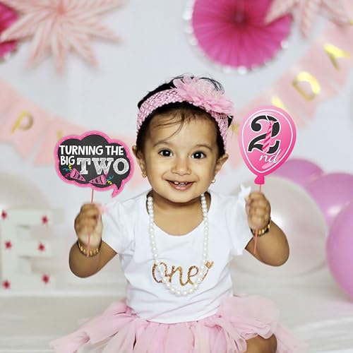 WOBBOX Second Birthday Photo Booth Party Props Pink for Baby Girl, 10 Pink Cartoon Art Paper Props, Perfect for Kids Birthday Party Decoration - Image 2