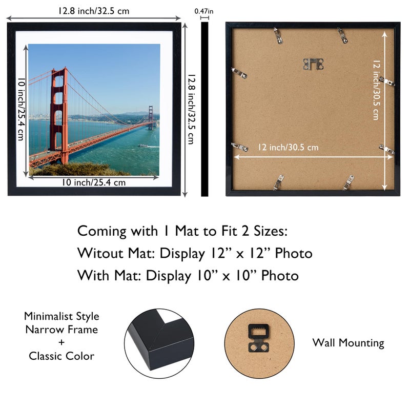 HEYTUYA 12x12 inch Picture Frame Black for Wall Hanging  Poster Frame Display 10x10 inch with Mat or 12x12 Without Mat  Square Wall Gallery Photo Frame with Shatter Resistant Plexiglas  Black - Image 2