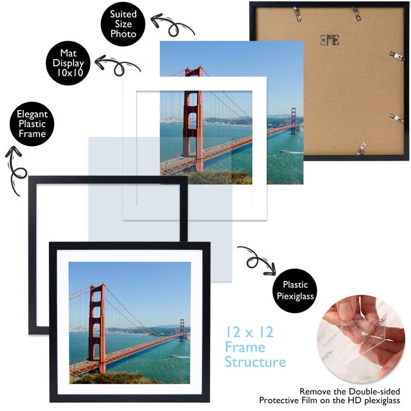 HEYTUYA 12x12 inch Picture Frame Black for Wall Hanging  Poster Frame Display 10x10 inch with Mat or 12x12 Without Mat  Square Wall Gallery Photo Frame with Shatter Resistant Plexiglas  Black - Image 4