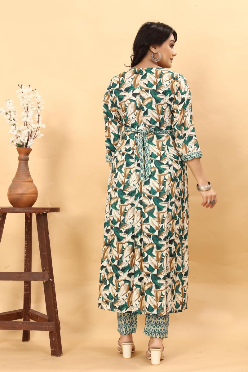 SKY FAB Women Viscose Rayon Anarkali Maternity and Nursing Kurta Set with Dupatta - Green and Beige Floral & Geometric Pattern, 3/4 Sleeves, Comfortable Fit - Image 3