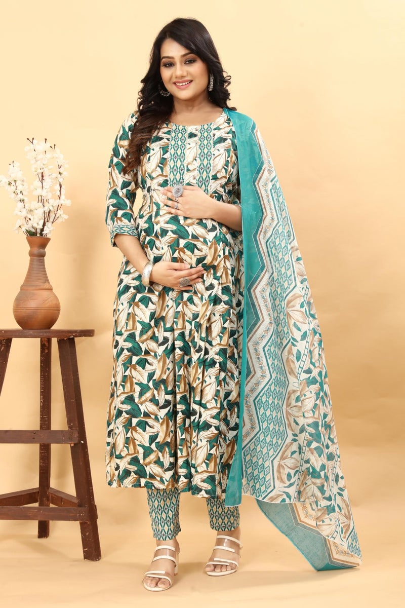 SKY FAB Women Viscose Rayon Anarkali Maternity and Nursing Kurta Set with Dupatta - Green and Beige Floral & Geometric Pattern, 3/4 Sleeves, Comfortable Fit - Image 5
