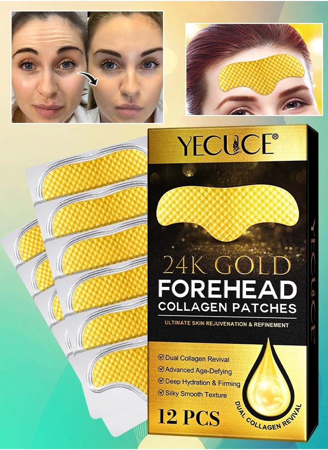 Yecuce 12Pcs 24K Gold Forehead Collagen Patches Forehead Wrinkle Patches with Aloe Vera Collagen Shea Butter and Vitamin E Smooth Fine Line and Wrinkles Anti Wrinkle Forehead Wrinkle Treatment Patch  - Image 1