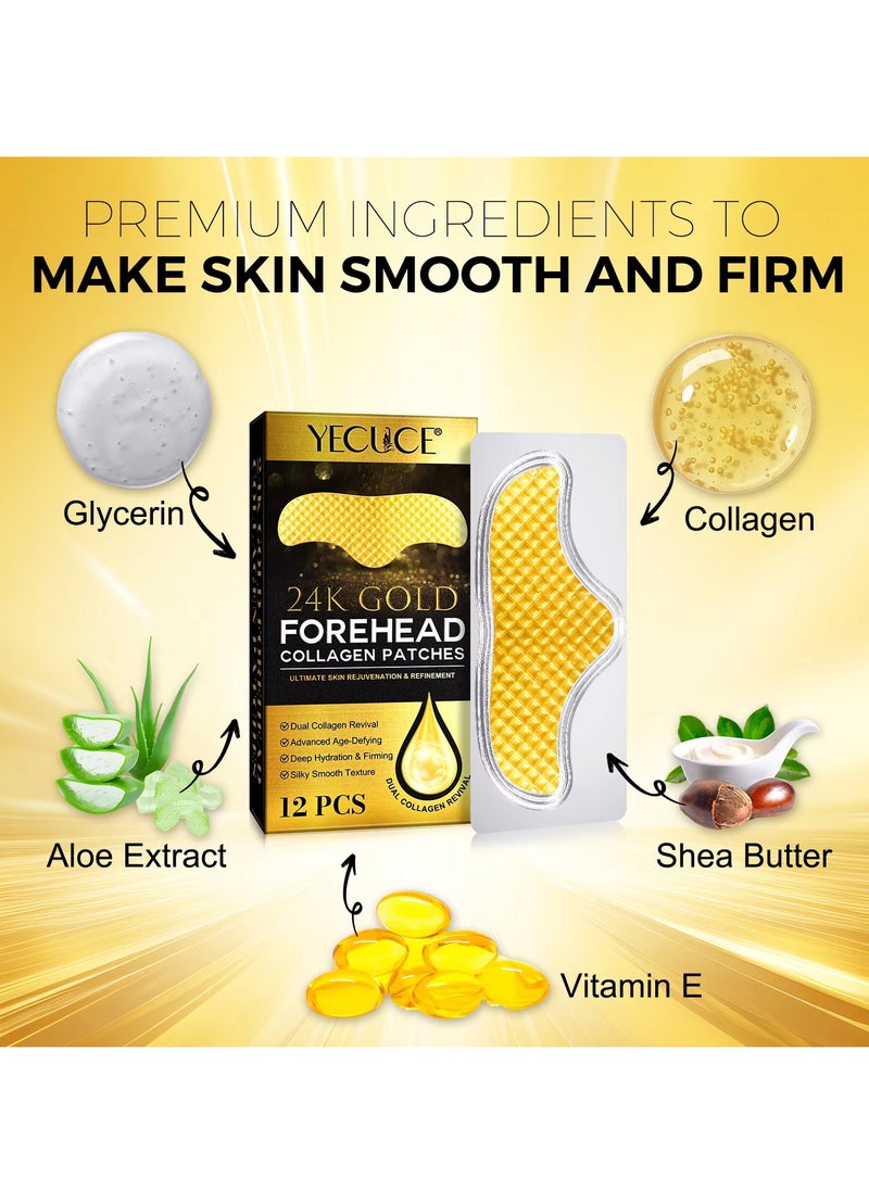 Yecuce 12Pcs 24K Gold Forehead Collagen Patches Forehead Wrinkle Patches with Aloe Vera Collagen Shea Butter and Vitamin E Smooth Fine Line and Wrinkles Anti Wrinkle Forehead Wrinkle Treatment Patch  - Image 3