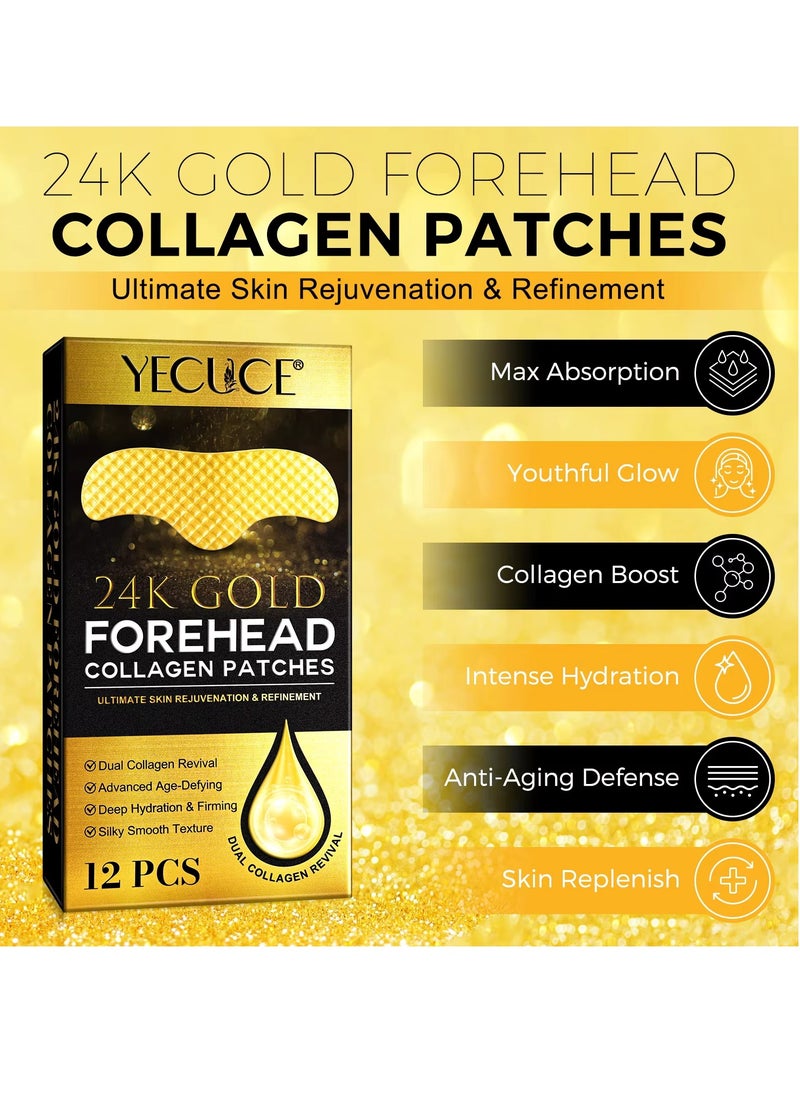 Yecuce 12Pcs 24K Gold Forehead Collagen Patches Forehead Wrinkle Patches with Aloe Vera Collagen Shea Butter and Vitamin E Smooth Fine Line and Wrinkles Anti Wrinkle Forehead Wrinkle Treatment Patch  - Image 2