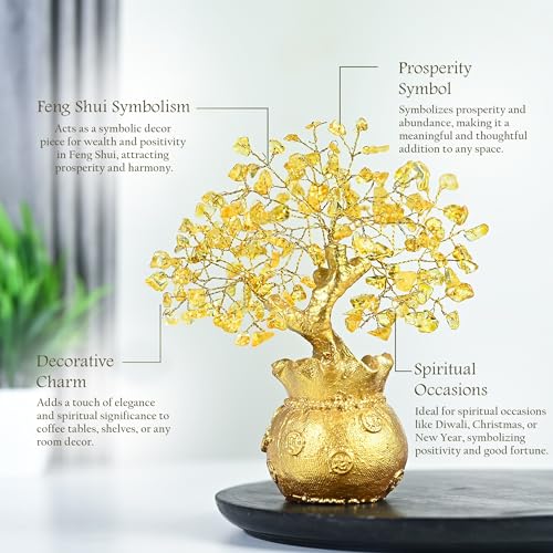 HindCraft Citrine Tree of Life Bonsai - Feng Shui Gold Crystal Ornaments for Prosperity and Positive Energy - Table Decor (7 x 3 inch) - Image 4