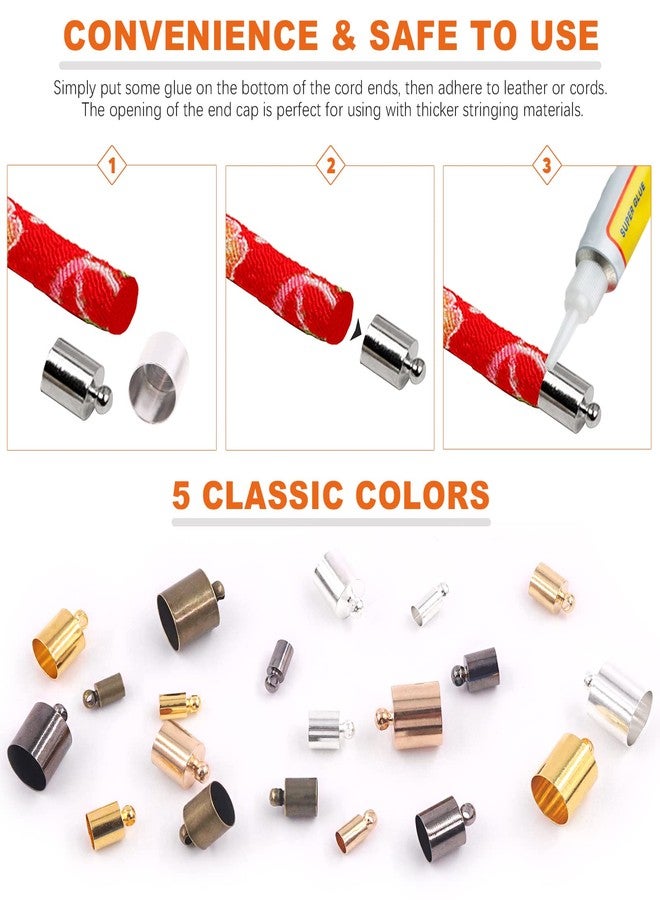 Rustark 200Pcs 5 Color Brass Cord Ends Caps Jewelry Findings Kit Assorted Sizes for Tassels Leather Art Crafting - Image 3