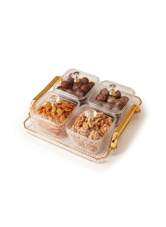 طقم ضيافة وتقديم أكريليك فاخر 4 أوعية بغطاء مع صينية بمقابض ذهبية - منظم مكسرات وحلوى وتمور عصري للمناسبات والأعياد (شفاف) - Image 1