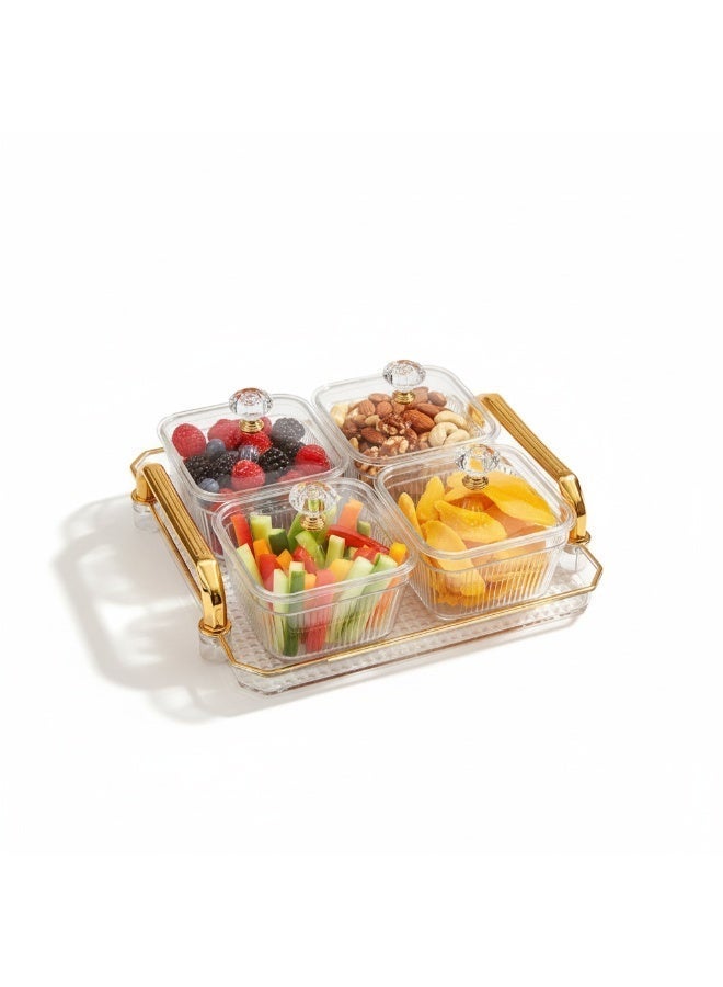 طقم ضيافة وتقديم أكريليك فاخر 4 أوعية بغطاء مع صينية بمقابض ذهبية - منظم مكسرات وحلوى وتمور عصري للمناسبات والأعياد (شفاف) - Image 5